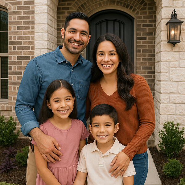 Young hispanic family living in the suburbs of Houston Texas in a happy family picture in front of the front door of a new home they just purchased th-1