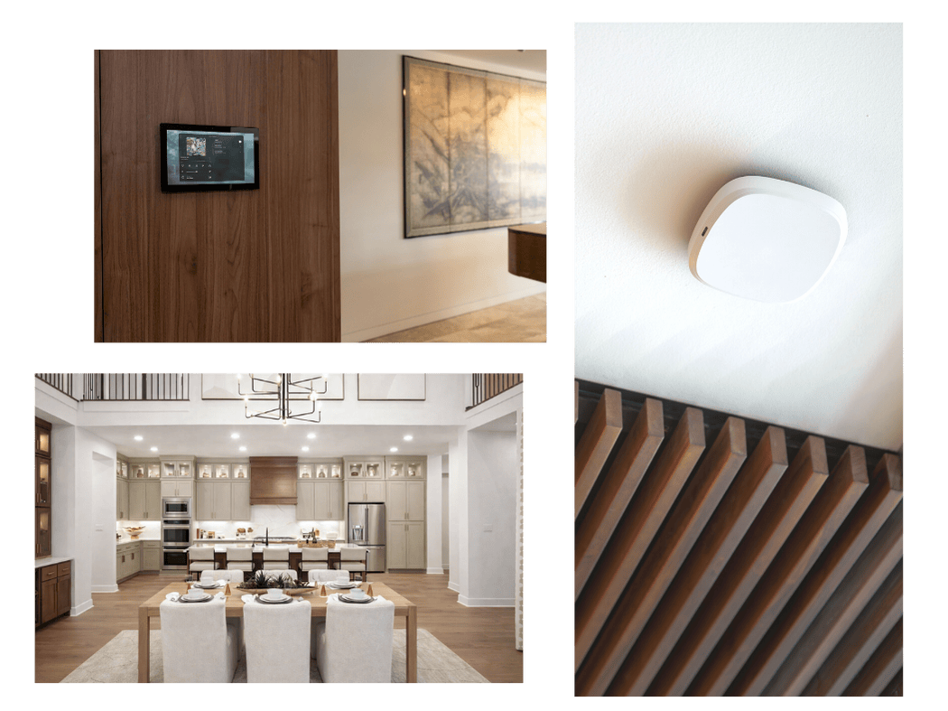 Collage of smart home features including a wall-mounted control panel, ceiling-mounted device, and modern kitchen interior, highlighting integrated home automation, lighting, and connected living spaces.
