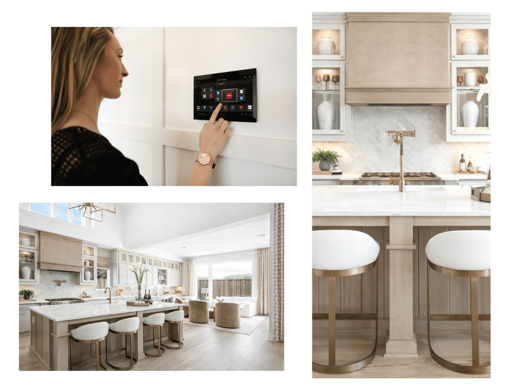 Collage of a smart home control panel in use and a bright modern kitchen, highlighting seamless home automation, lighting control, and connected living in a clean, upscale texas interior.
