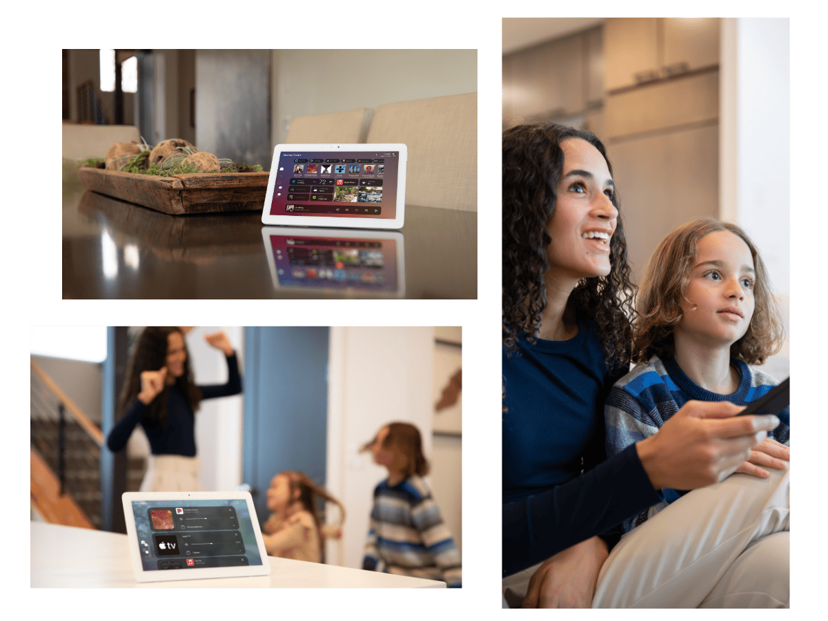 Collage of a modern smart home system in use: a touchscreen control panel on a kitchen counter, a tablet displaying a security app, and a mother and child relaxing on a couch using a remote, highlighting connected home technology and family comfort.
