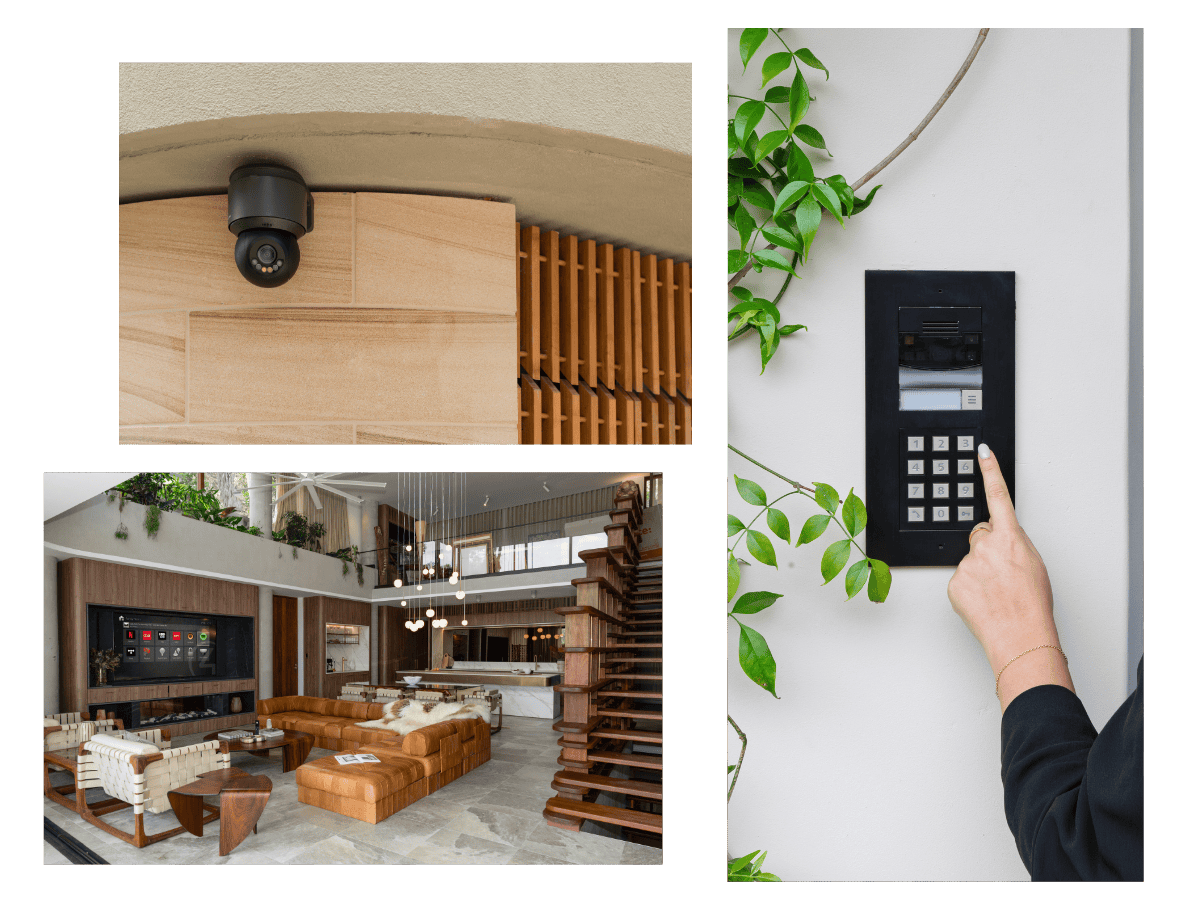 Collage of modern home security features including an outdoor security camera under an eave, a wall-mounted keypad entry system being used, and a spacious living room interior, highlighting integrated surveillance, access control, and smart home protection.